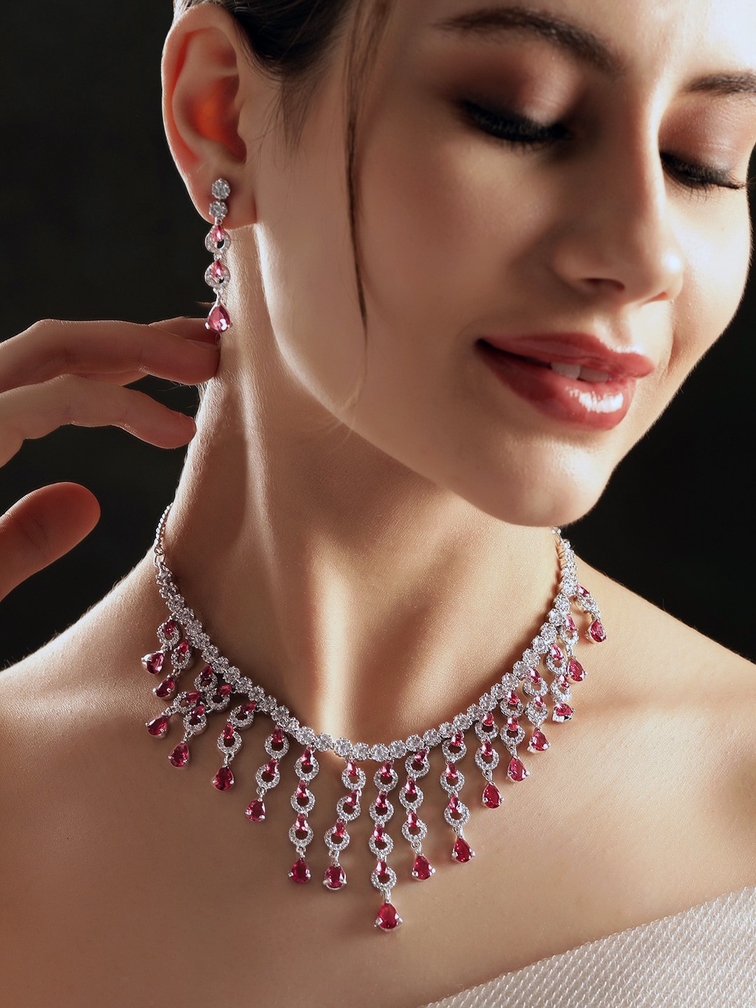 

Rubans Rhodium Plated Cubic Zirconia Studded Jewellery Set, Silver