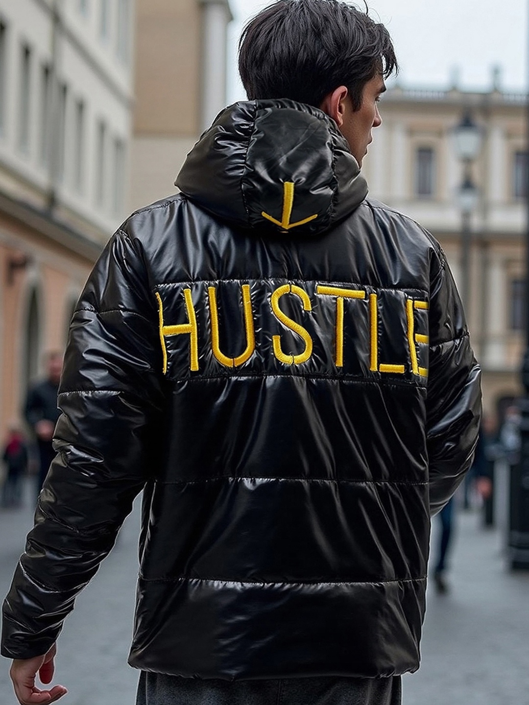 

Bewakoof Shine Hustle Typography Printed Oversized Jacket, Black