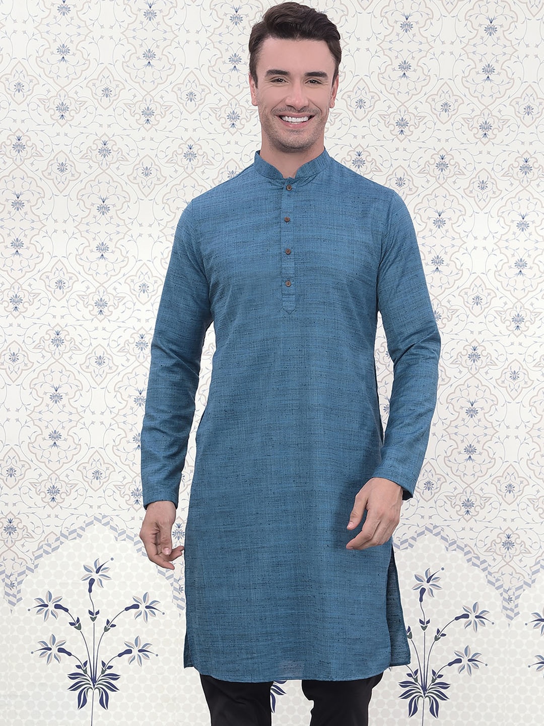 

Ode by House of Pataudi Mandarin Collar Jacquard Straight Kurta, Blue