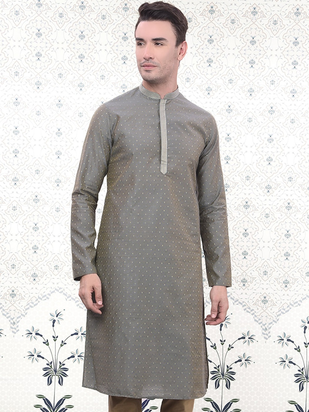 

Ode by House of Pataudi Woven Design Mandarin Collar Long Sleeves Jacquard Kurta, Silver