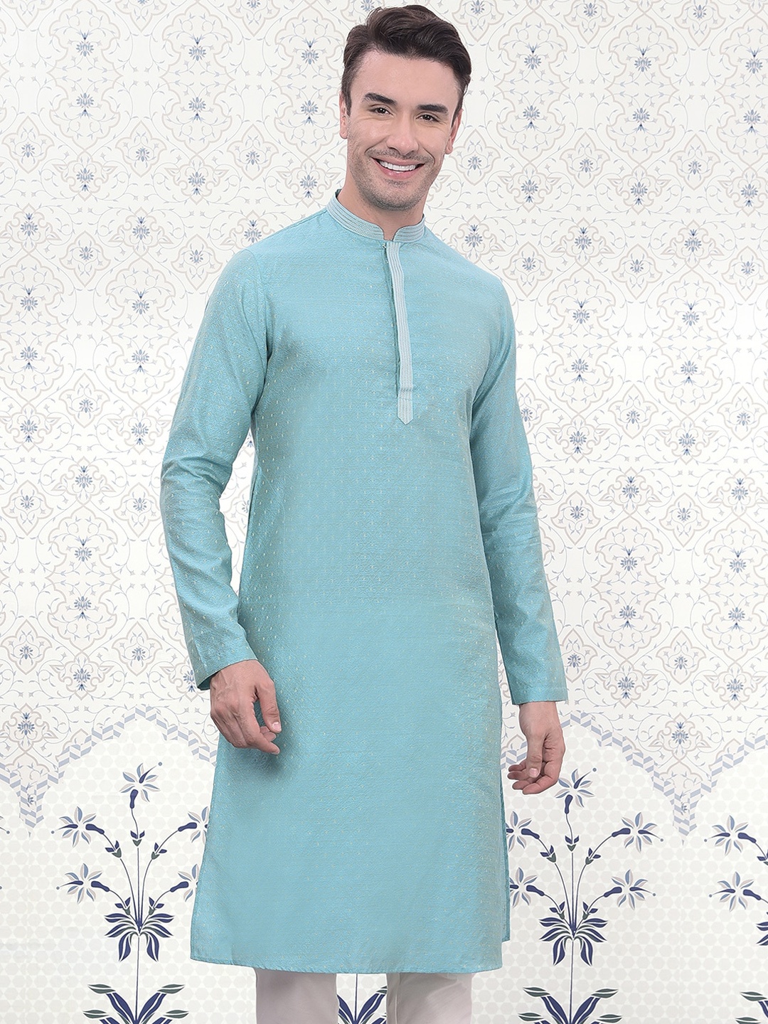 

Ode by House of Pataudi Floral Woven Design Mandarin Collar Jacquard Kurta, Blue