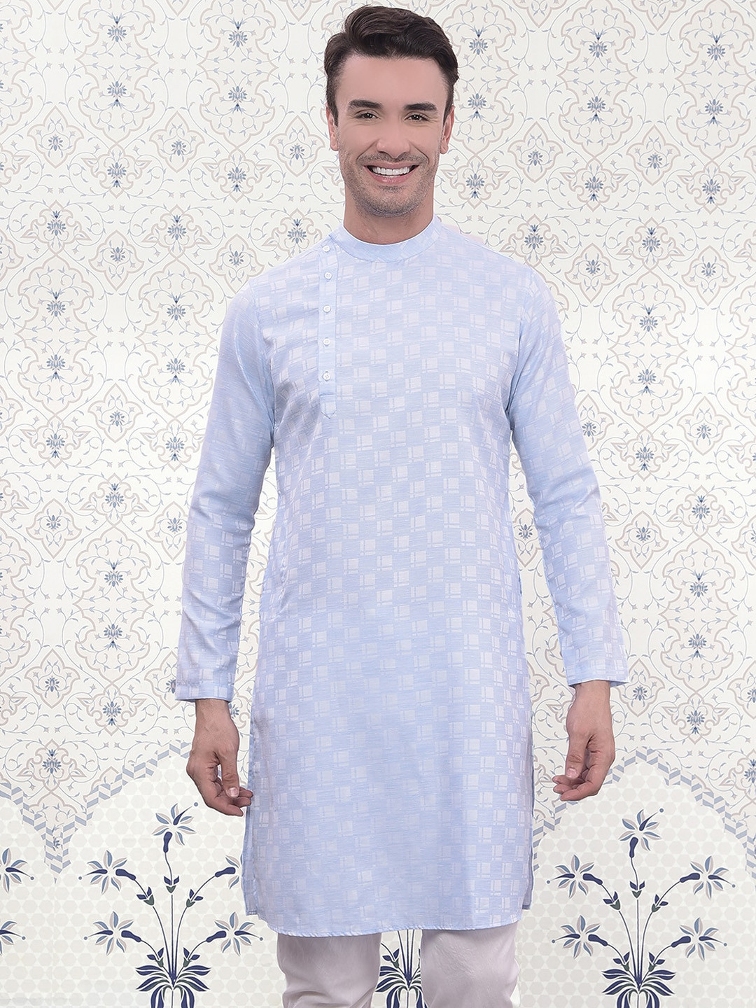 

Ode by House of Pataudi Printed Band Collar Regular Kurta, Blue