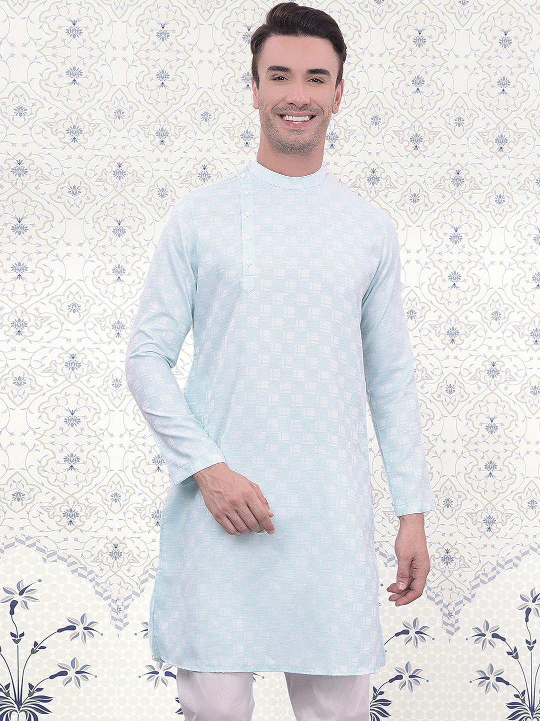 

Ode by House of Pataudi Woven Design Mandarin Collar Long Sleeves Jacquard Kurta, Green