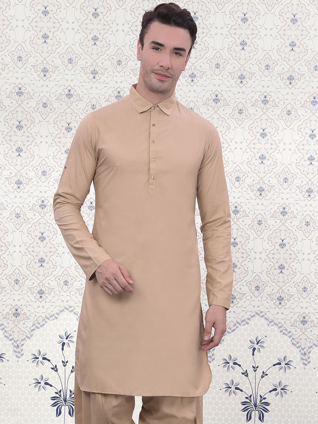 

Ode by House of Pataudi Solid Shirt Collar Cotton Silk Straight Kurta, Brown
