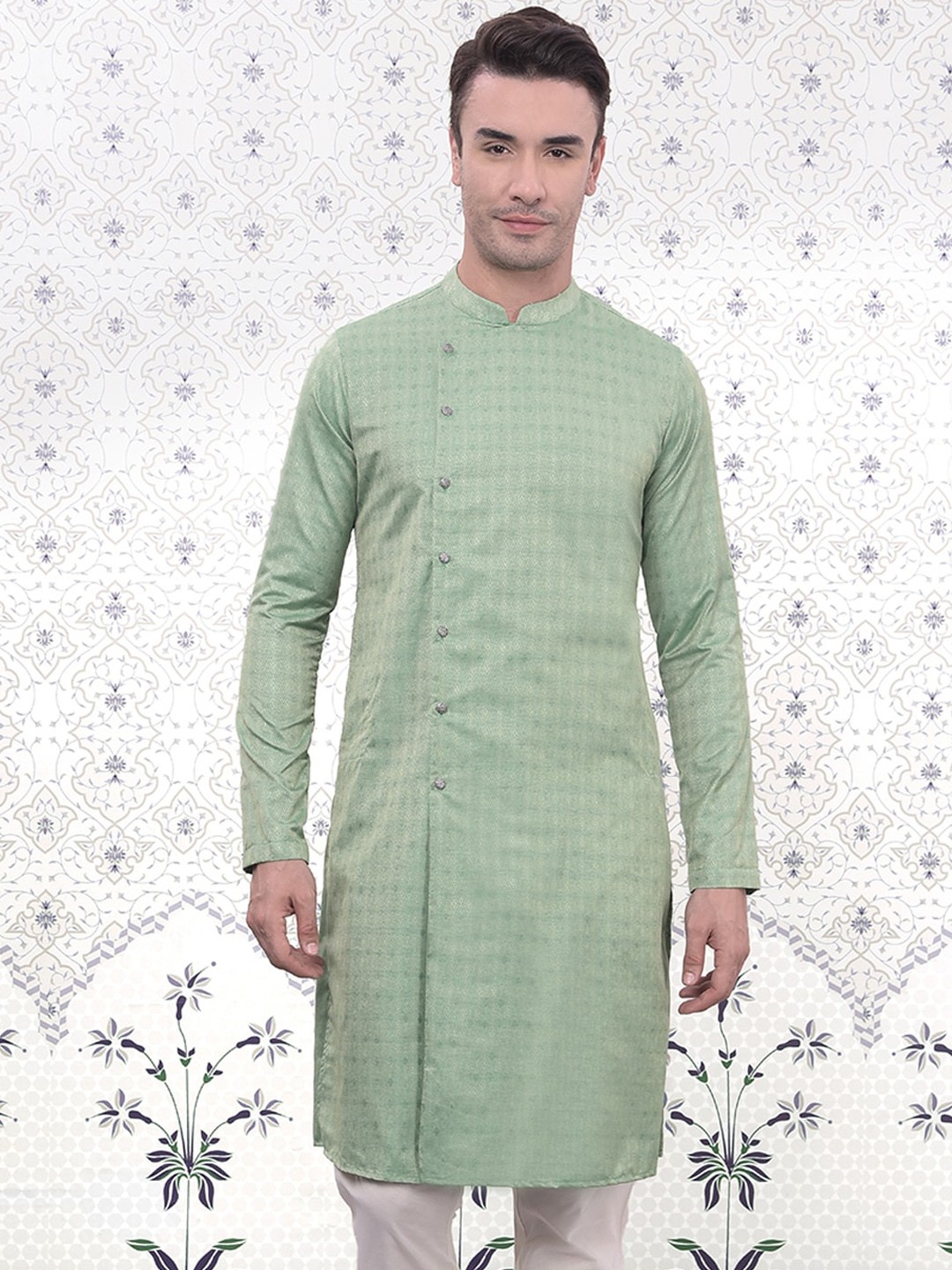 

Ode by House of Pataudi Geometric Woven Design Mandarin Collar Jacquard Angrakha Kurta, Green