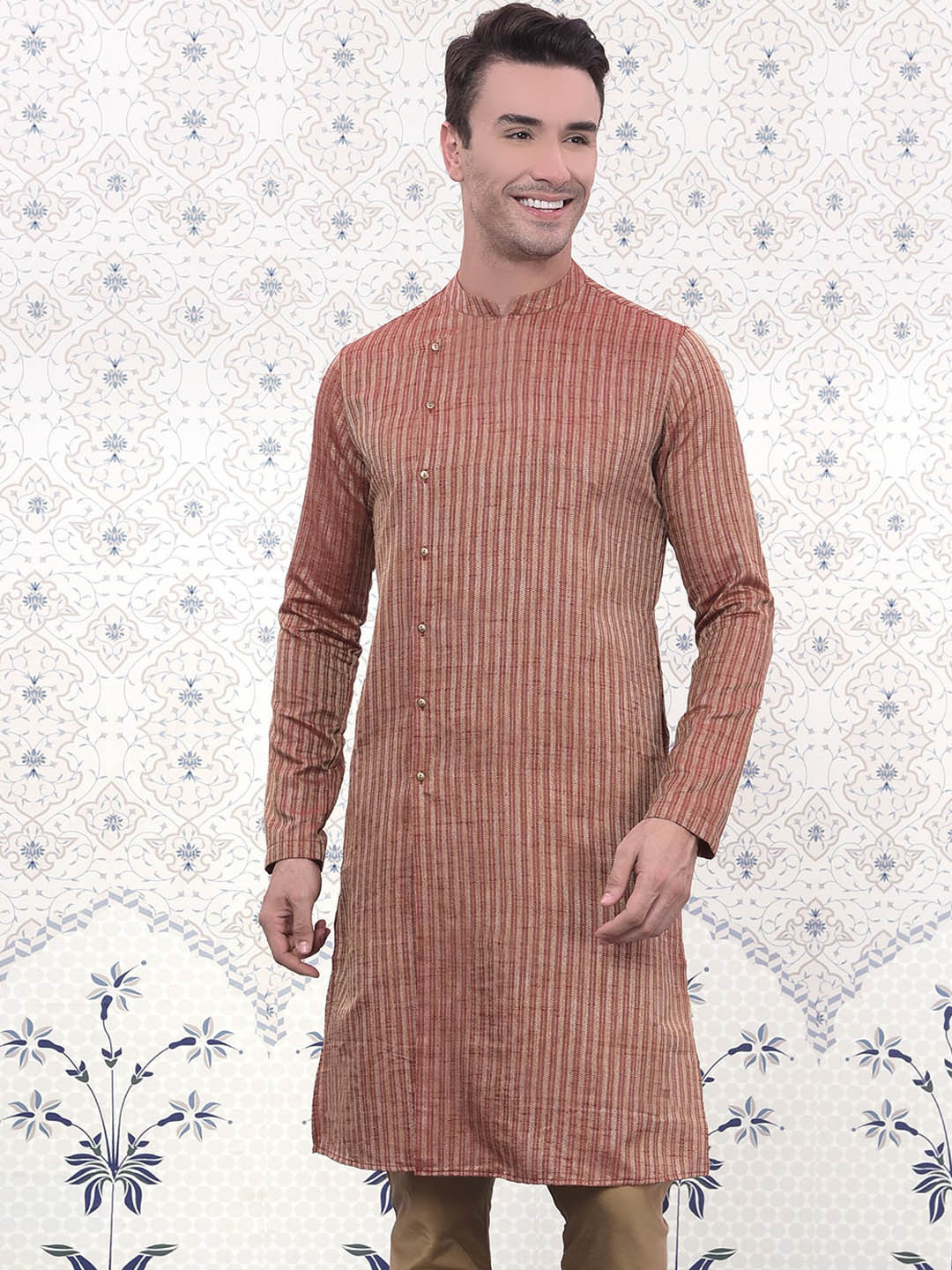 

Ode by House of Pataudi Maroon Striped Straight Kurta