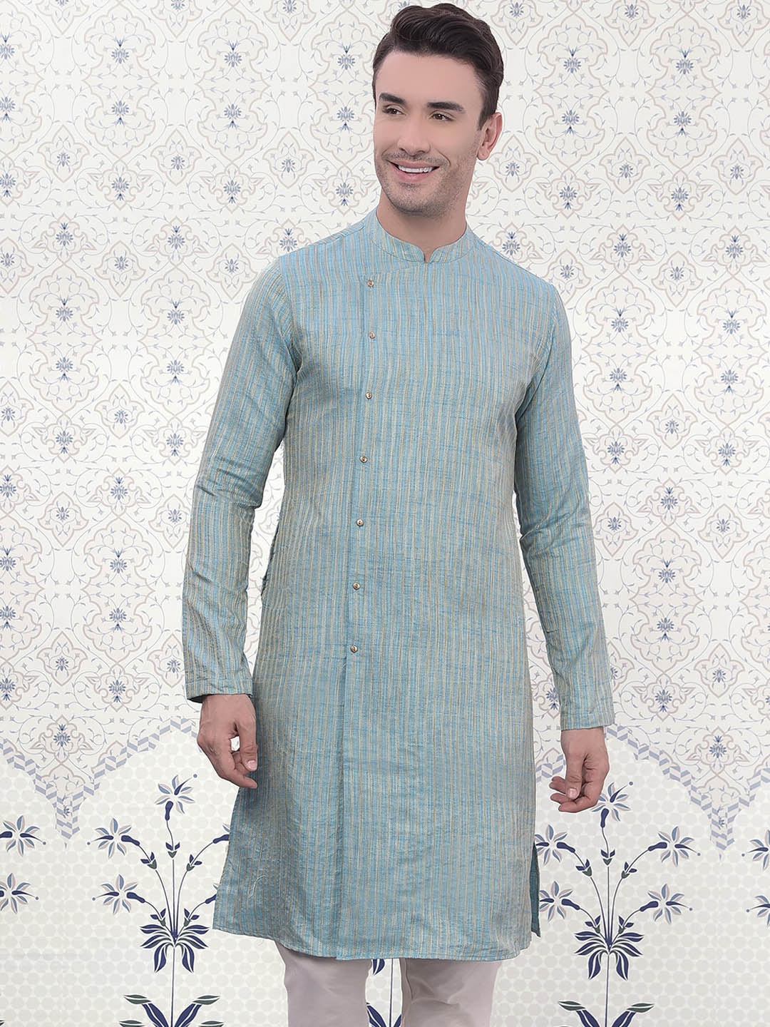 

Ode by House of Pataudi Blue Striped Straight Kurta