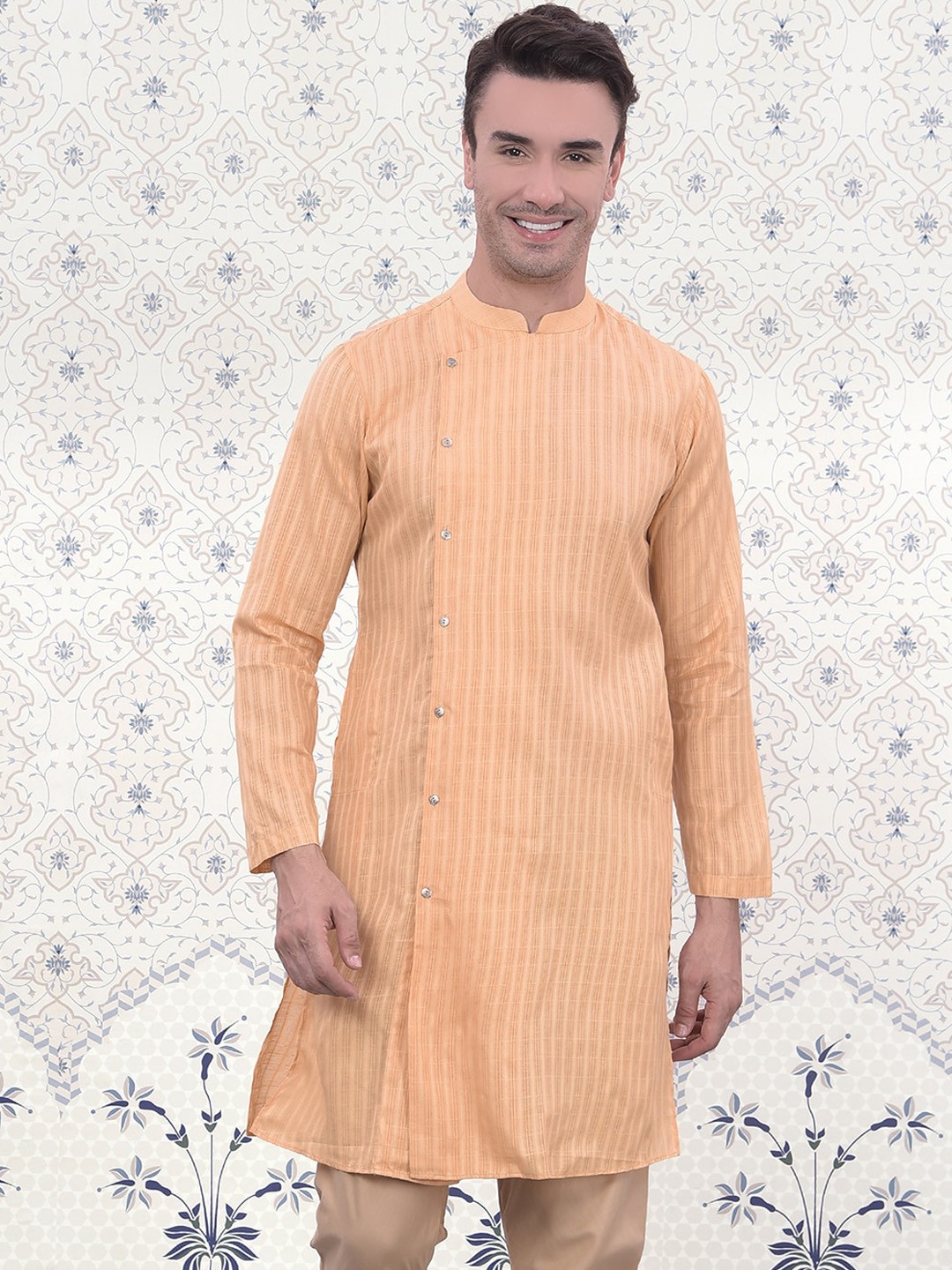

Ode by House of Pataudi Striped Mandarin Collar Long Sleeves Jacquard Kurta, Orange
