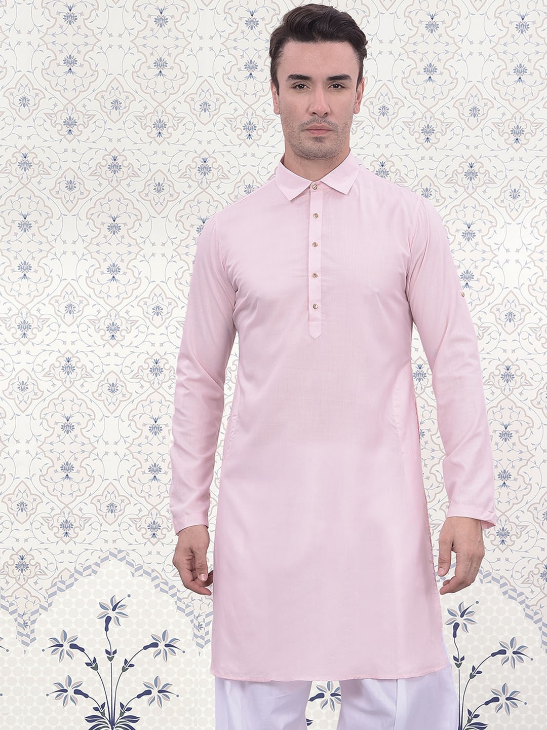 

Ode by House of Pataudi Solid Shirt Collar Cotton Silk Straight Kurta, Pink