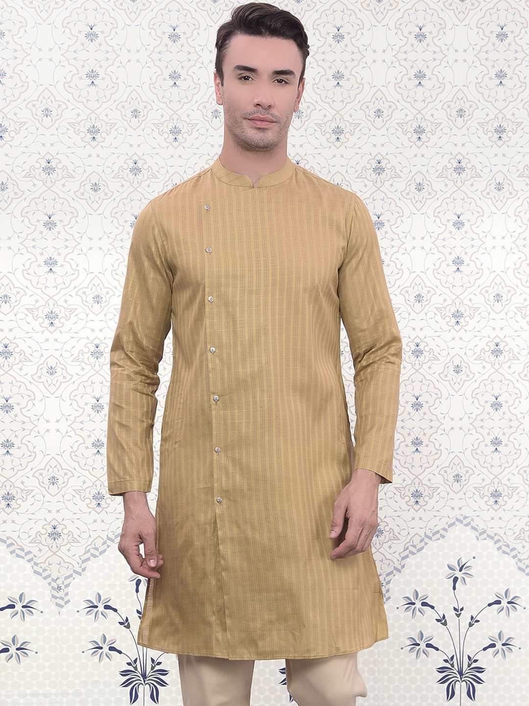 

Ode by House of Pataudi Striped Mandarin Collar Jacquard Kurta, Brown