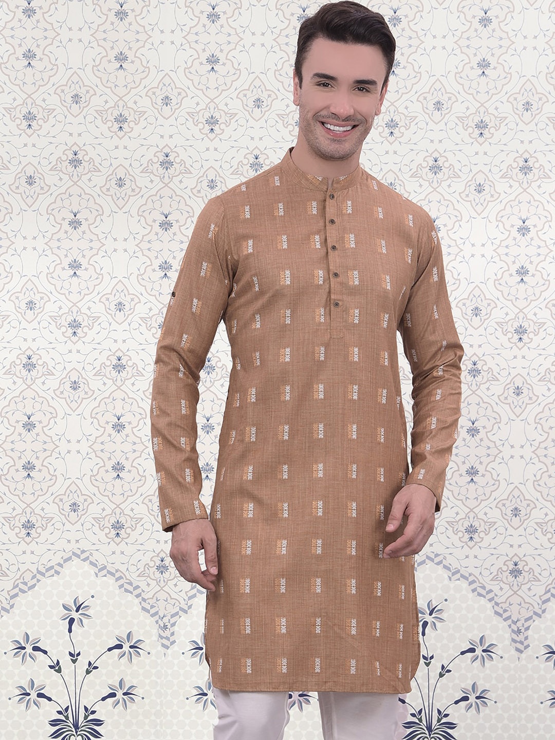 

Ode by House of Pataudi Ethnic Motifs Woven Design Jacquard Kurta, Brown