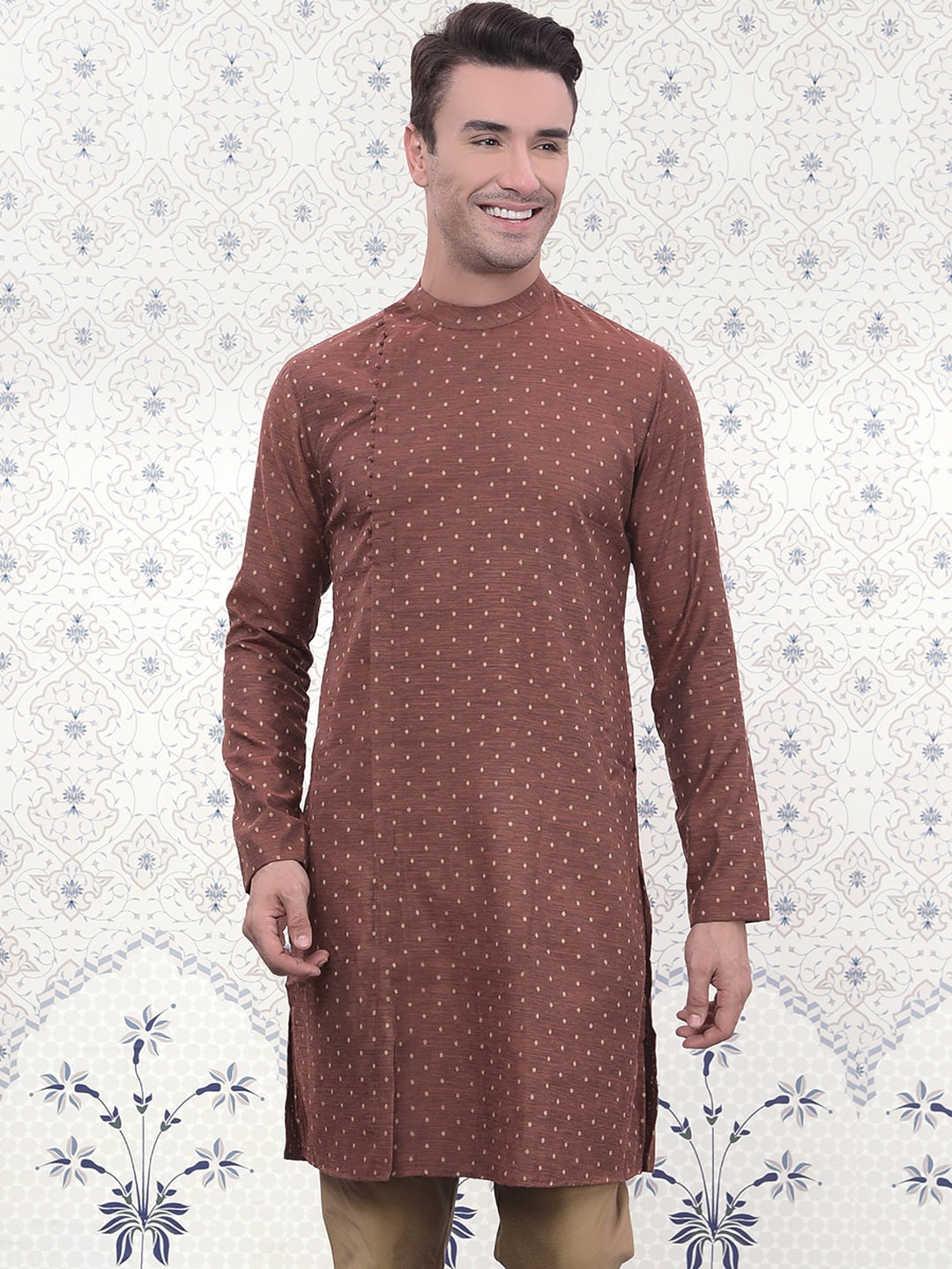 

Ode by House of Pataudi Woven Design Mandarin Collar Long Sleeves Jacquard Kurta, Copper
