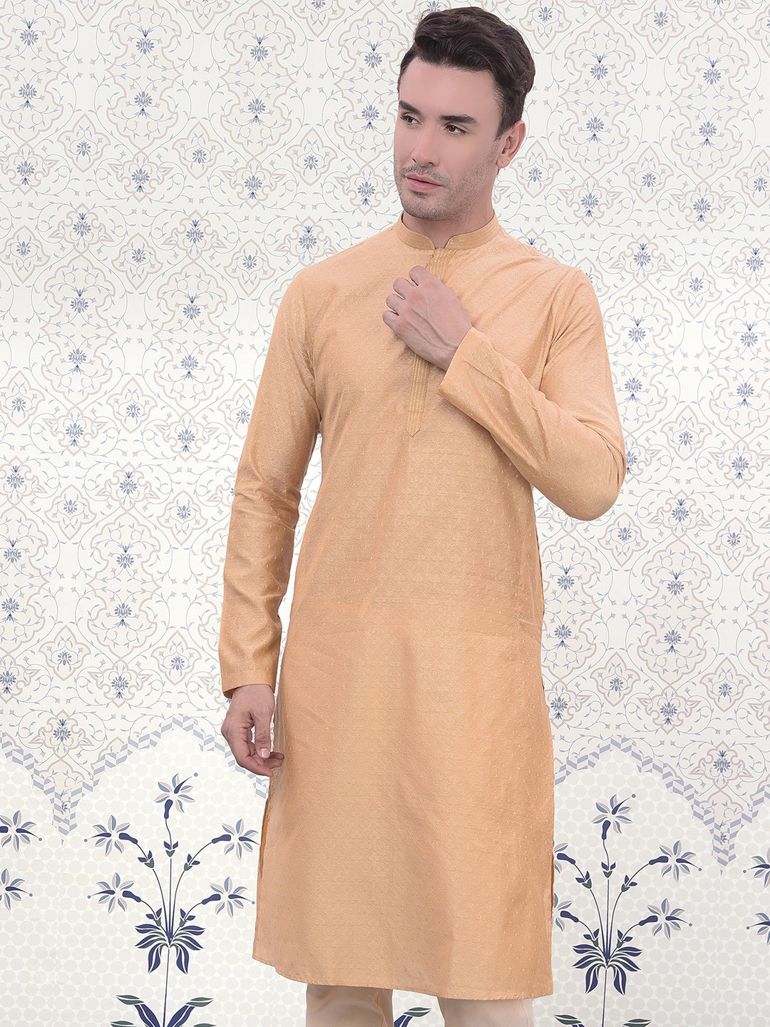 

Ode by House of Pataudi Woven Design Mandarin Collar Long Sleeves Jacquard Kurta, Orange