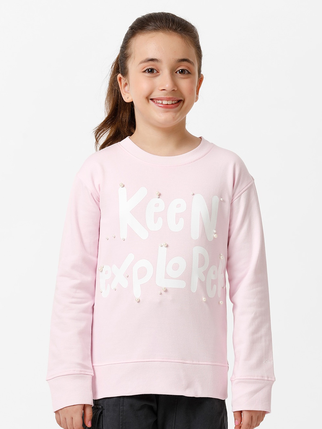 

KATE & OSCAR Girls Typography Printed Cotton Pullover, Pink