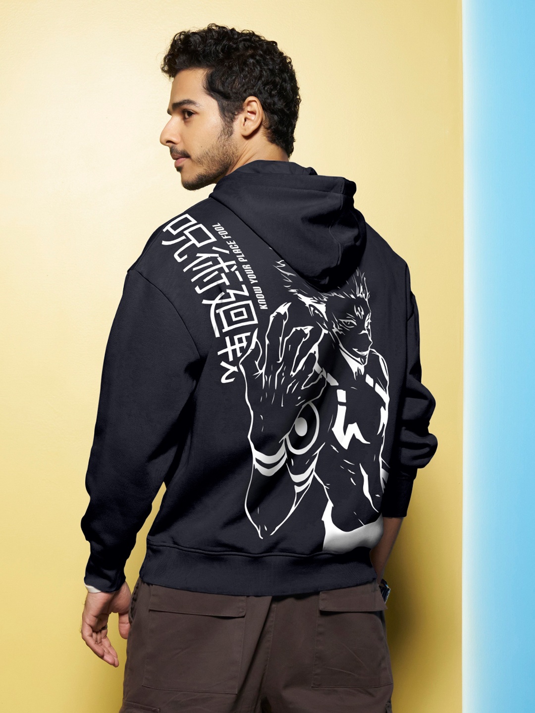 

Bewakoof Sukuna Graphic Printed Oversized Hoodie, Black