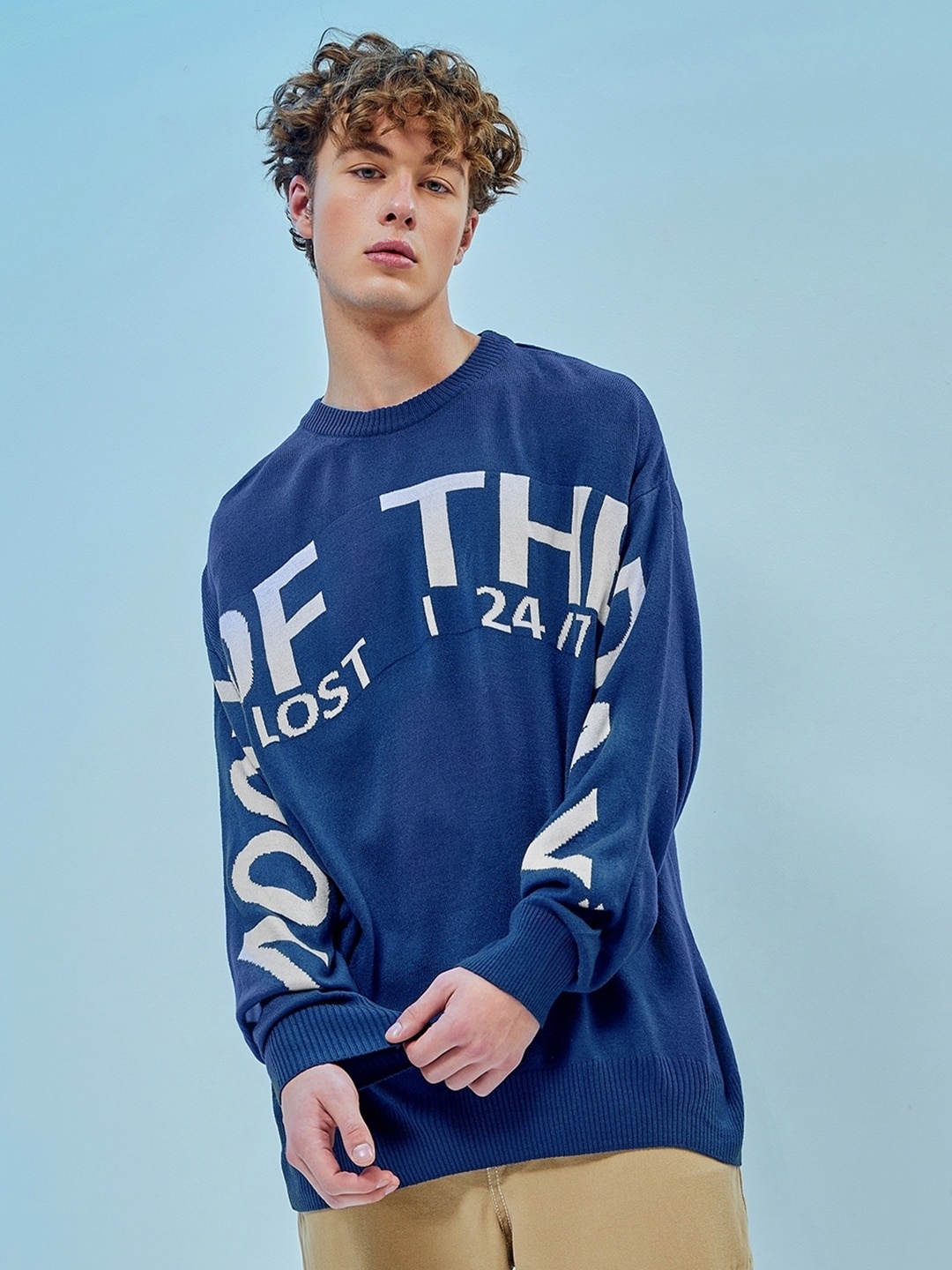 

Bewakoof Men Of Mood Typography Flatknit Sweater, Blue