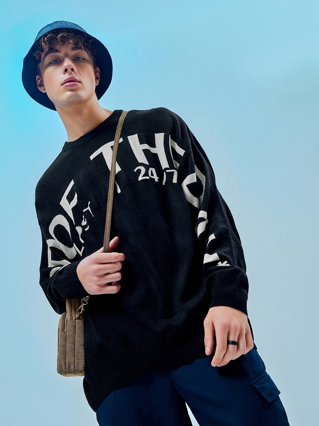 

Bewakoof Men Of Mood Typography Flatknit Sweater, Black