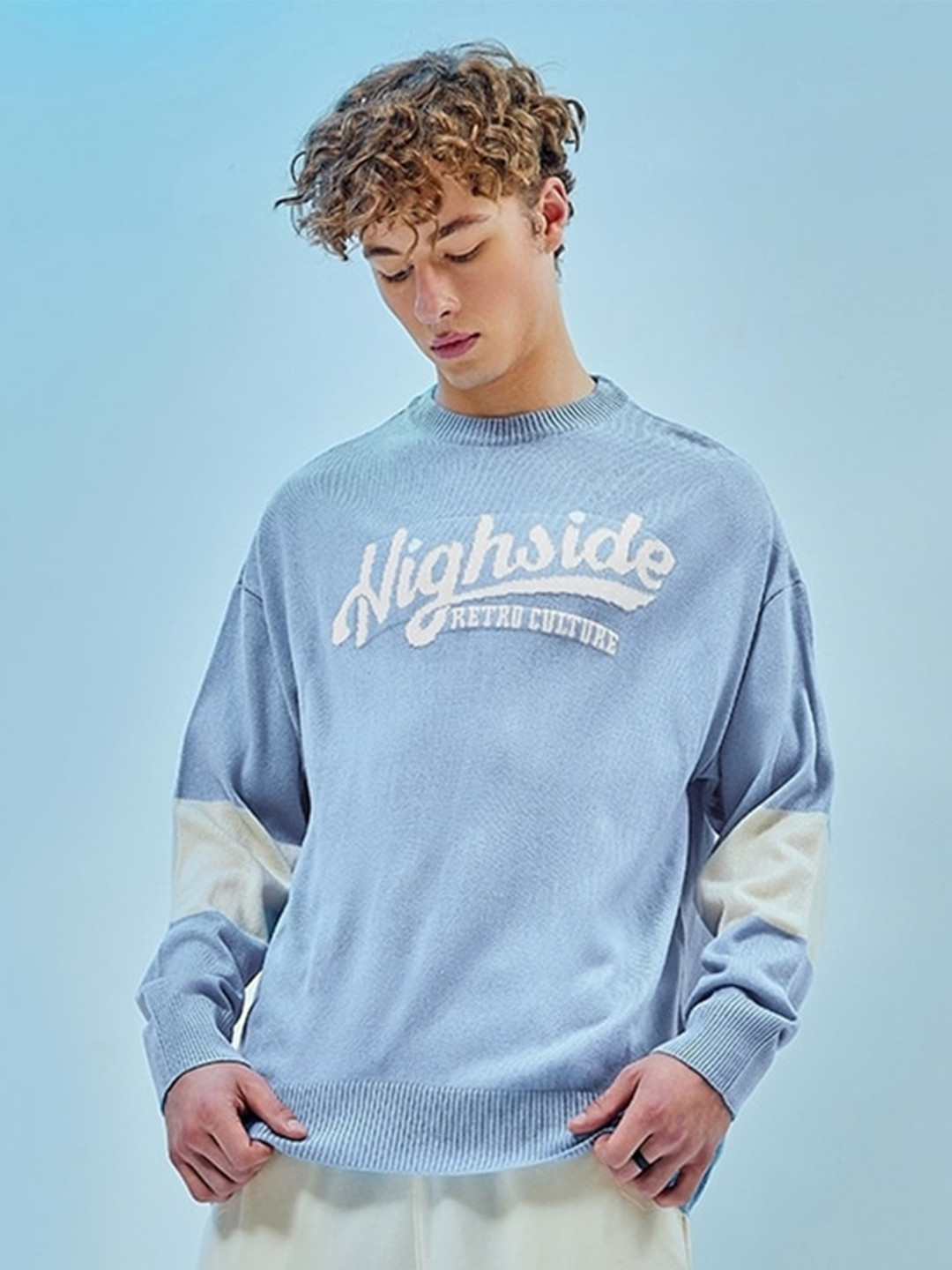

Bewakoof Men High Side Graphic Printed Flatknit Sweater, Blue