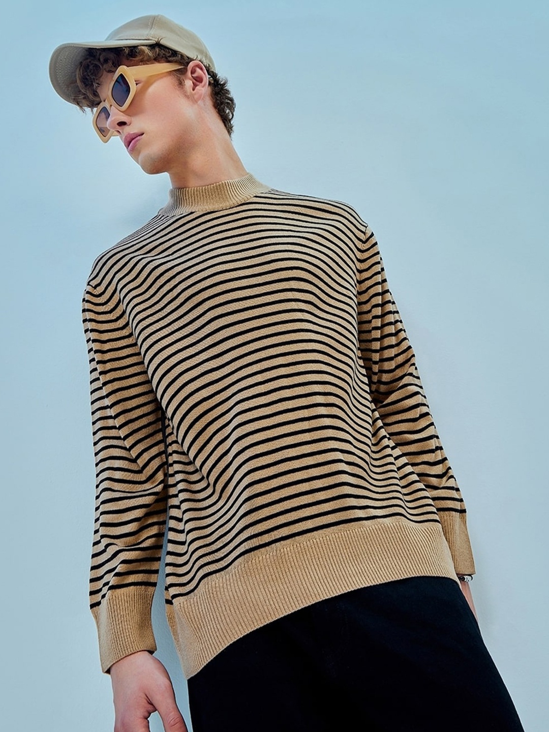 

Bewakoof Striped Acrylic Oversized Pullover, Brown