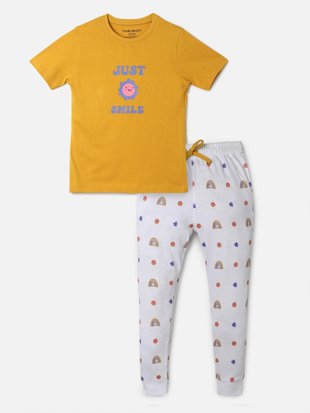 

UrbanMark Girls Printed Pure Cotton T-shirt with Pyjamas, Yellow