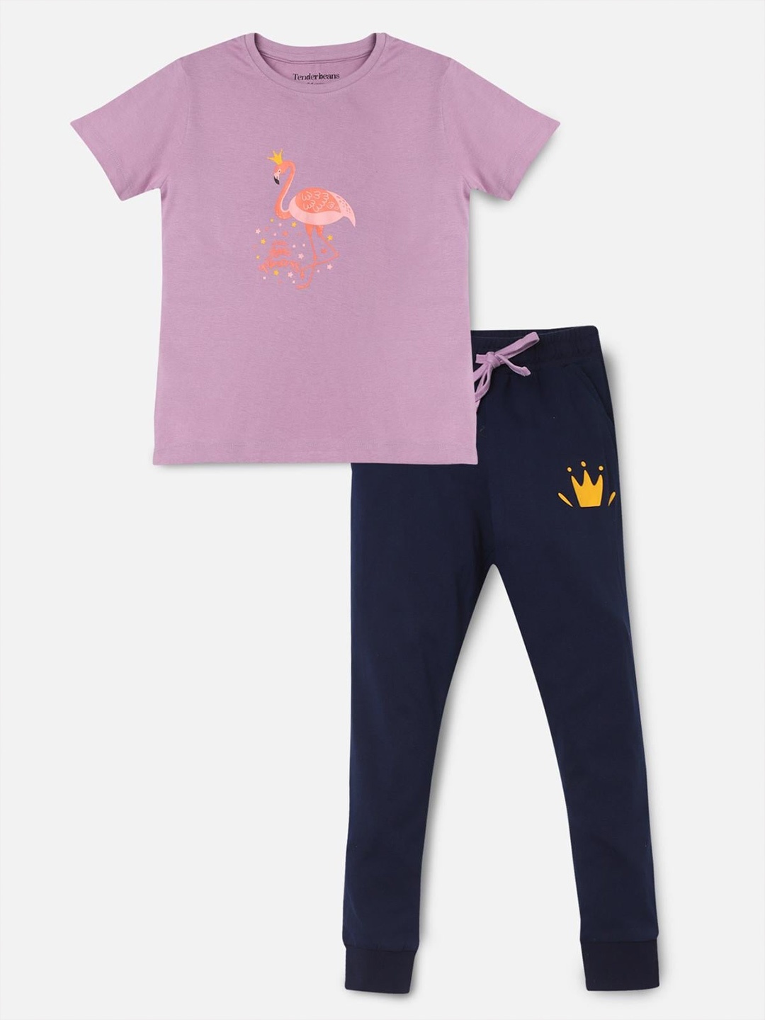 

UrbanMark Girls Printed Pure Cotton T-shirt with Pyjamas, Purple