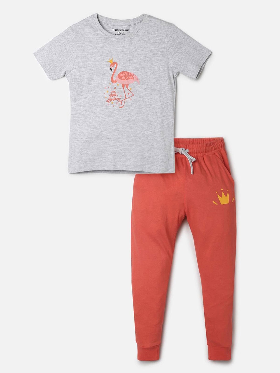 

UrbanMark Girls Graphic Printed Pure Cotton T-shirt With Trousers, Grey