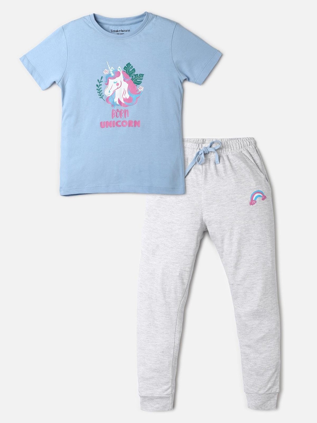 

UrbanMark Girls Printed Pure Cotton T-shirt With Trousers, Blue