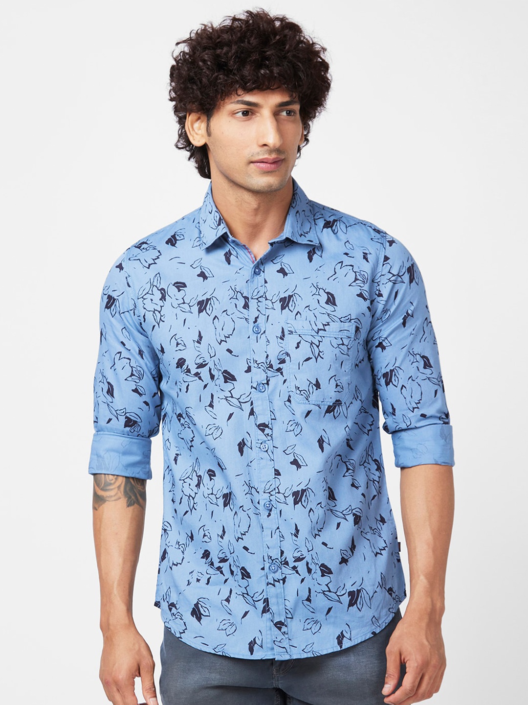 

SPYKAR Floral Printed Classic Slim Fit Cotton Casual Shirt, Blue