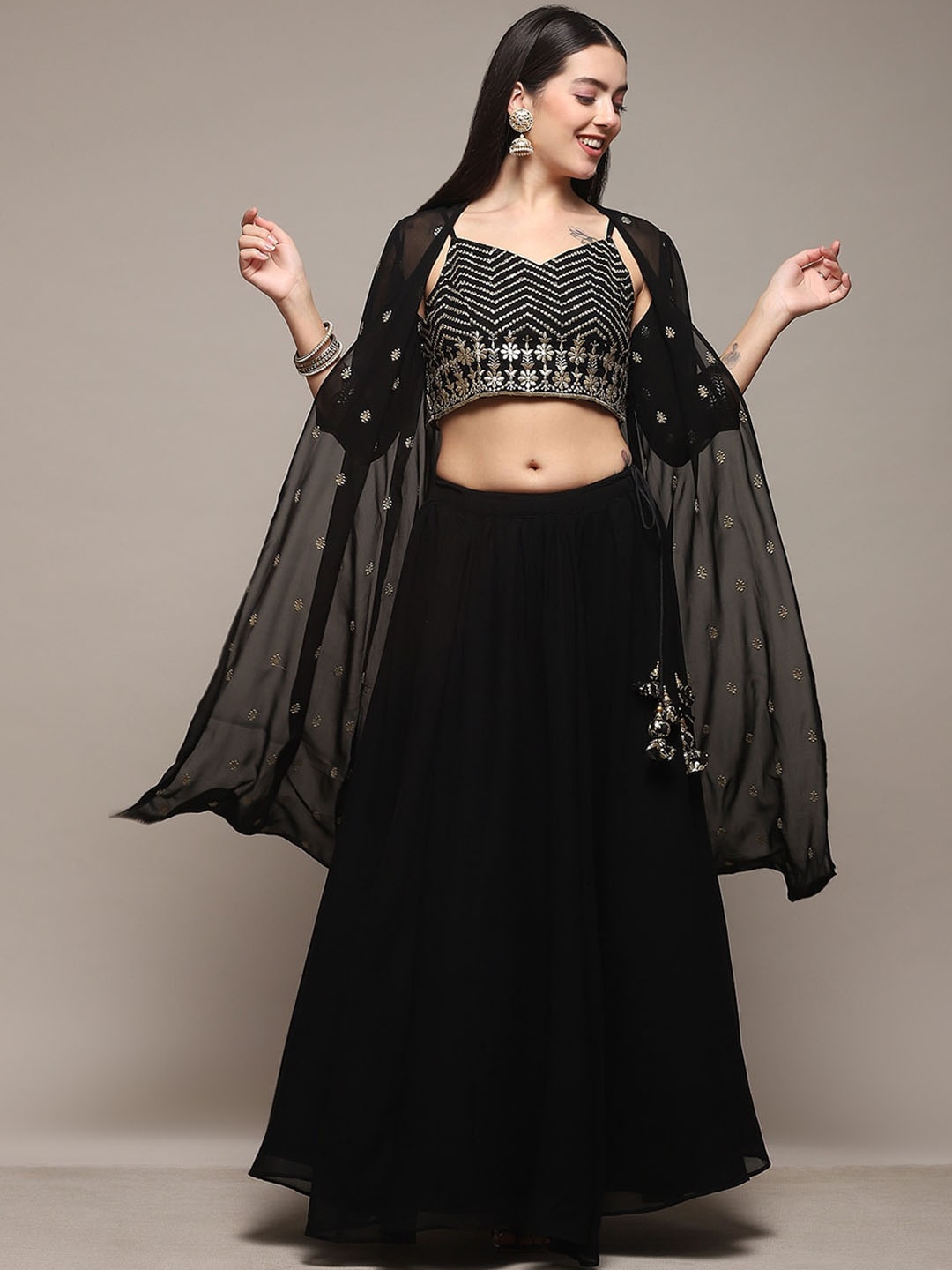 

Biba Black Embroidered Ready to Wear Lehenga & Choli with Jacket