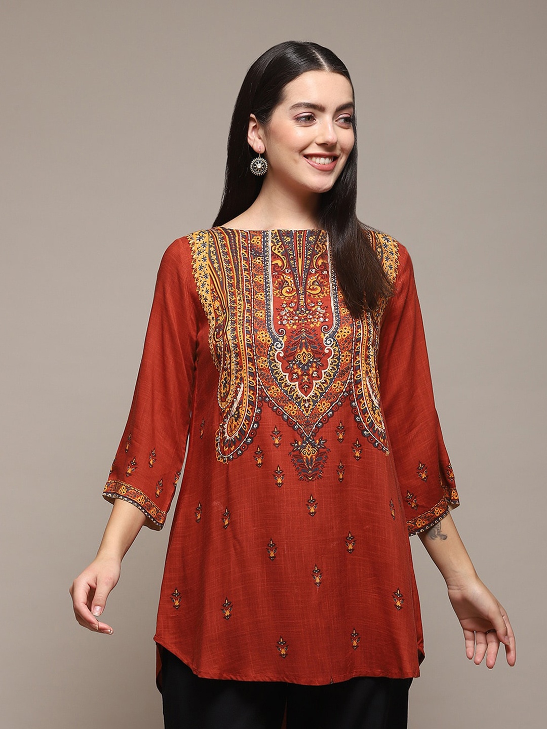 

Biba Ethnic Motifs Printed A Line Kurti, Brown