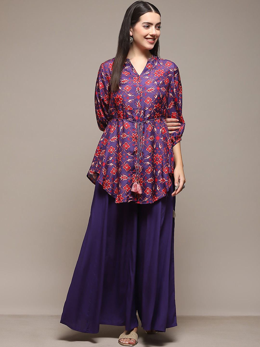 

Biba Ethnic Motifs Printed Band Collar Tie-Up A-Line Kurta With Palazzos, Navy blue