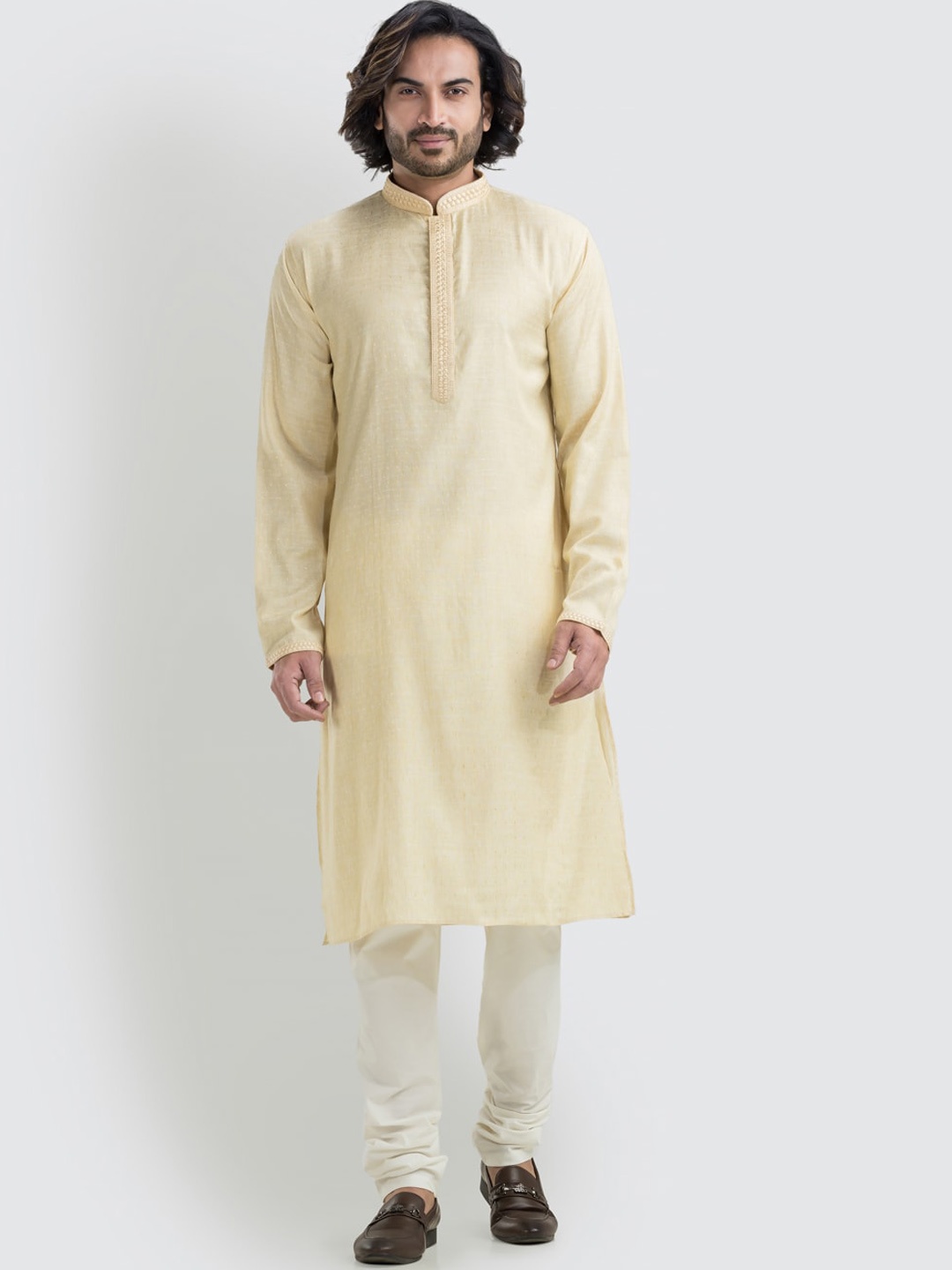 

SREEMANT Mandarin Collar Straight Pure Cotton Kurta, Beige
