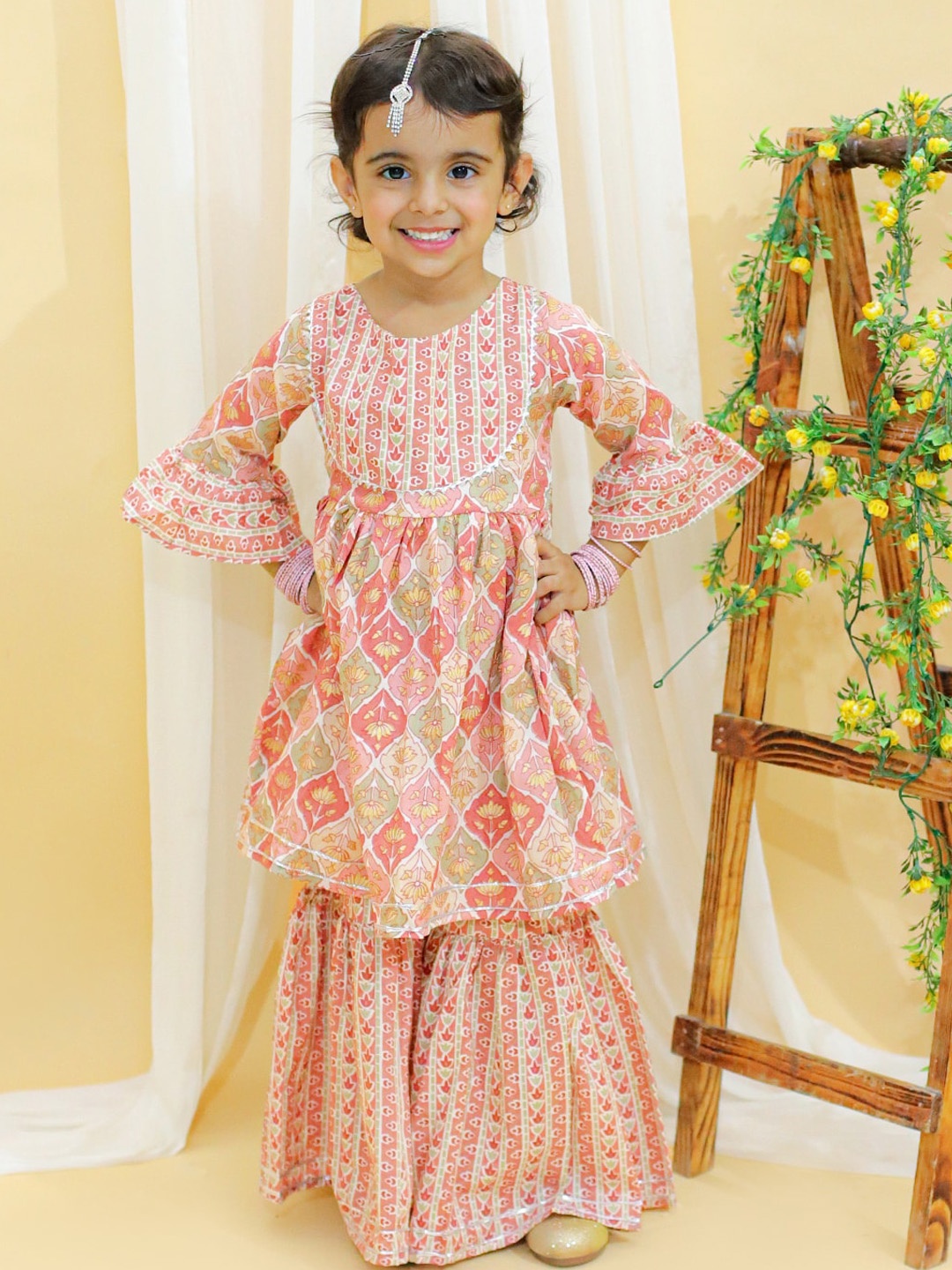 

The Mom Store Girls Ethnic Motifs Printed Gotta Patti Pure Cotton Kurta With Sharara, Peach