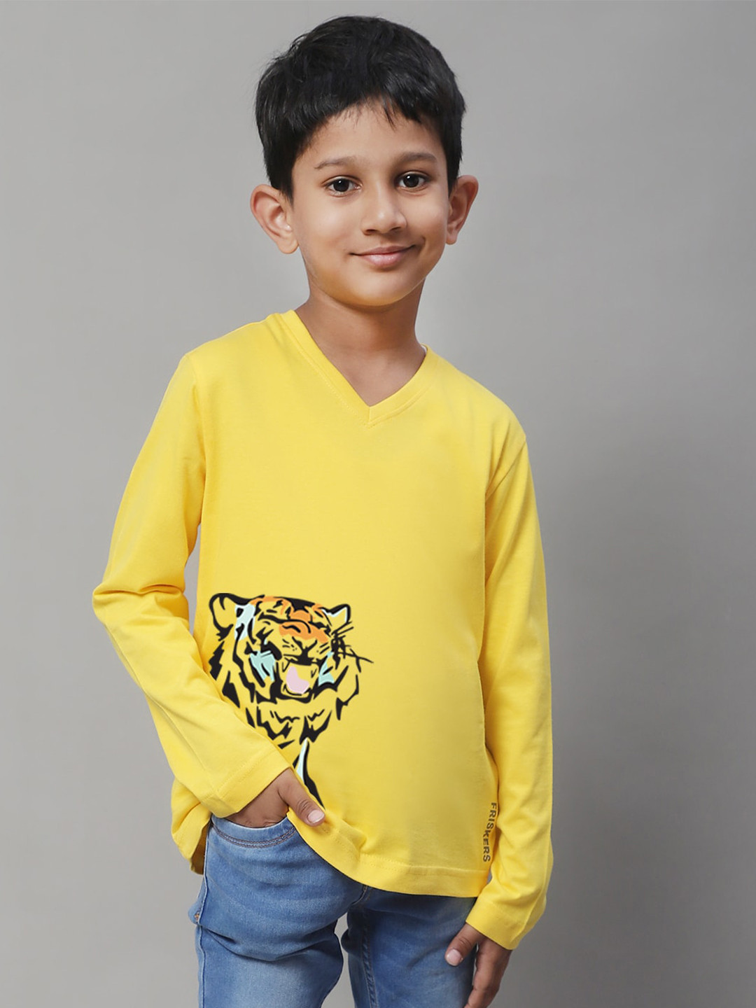 

Friskers Boys Graphic Printed V-Neck Slim Fit Pure Cotton Casual T-shirt, Yellow