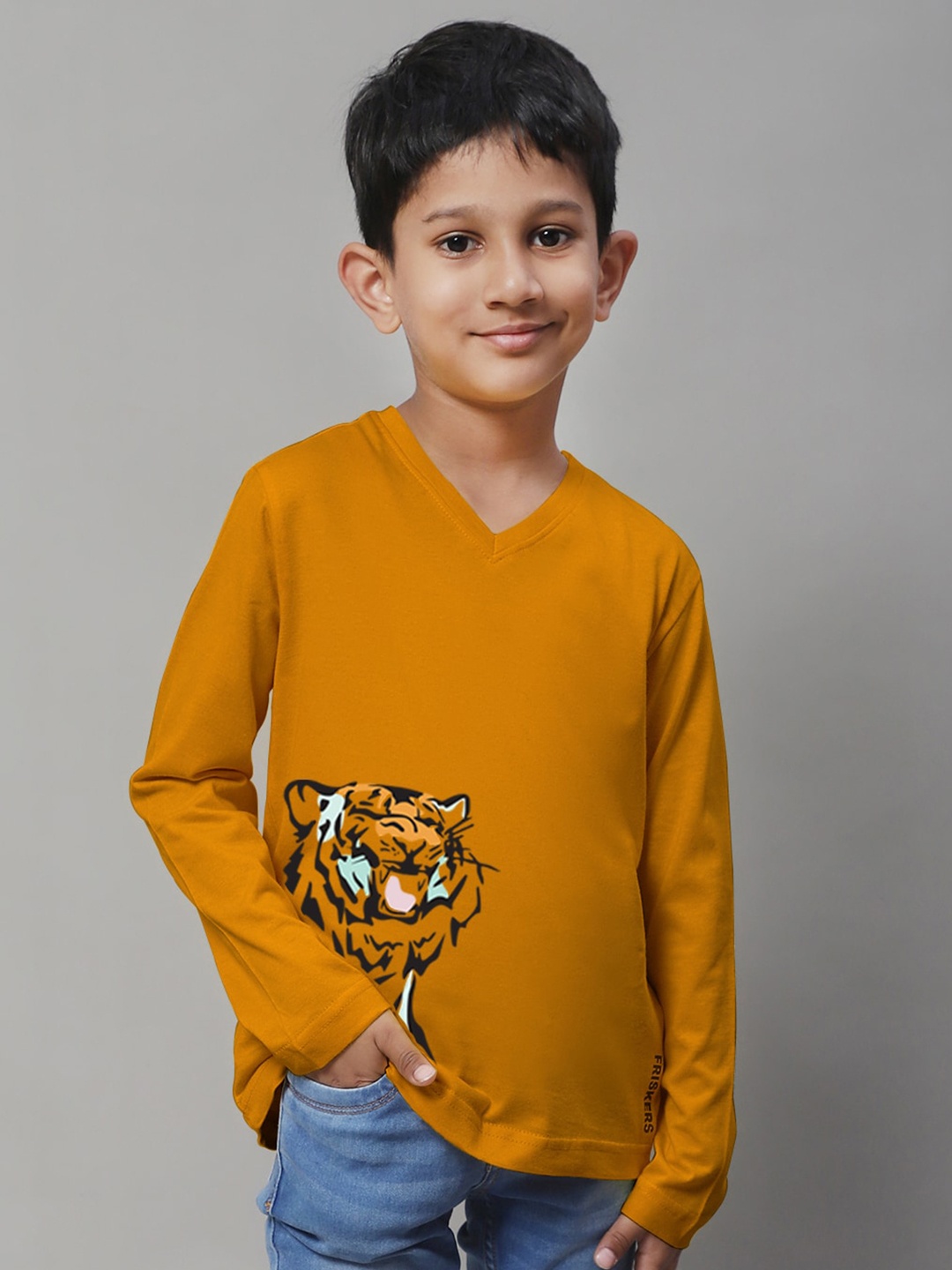 

Friskers Boys Graphic Printed V-Neck Long Sleeve Cotton Slim Fit T-shirt, Gold