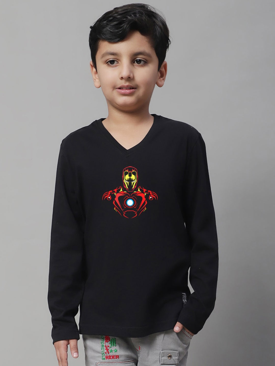 

Friskers Boys Graphic Printed V-Neck Long Sleeve Cotton Slim Fit T-shirt, Black