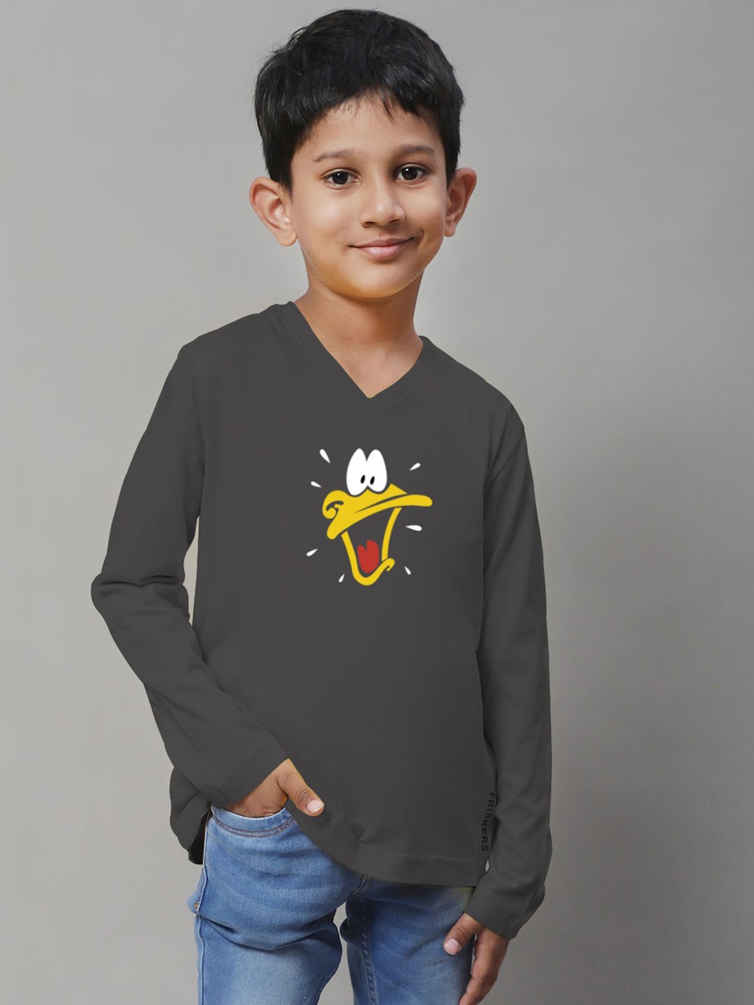 

Friskers Boys Graphic Printed V-Neck Long Sleeve Cotton Slim Fit T-shirt, Grey