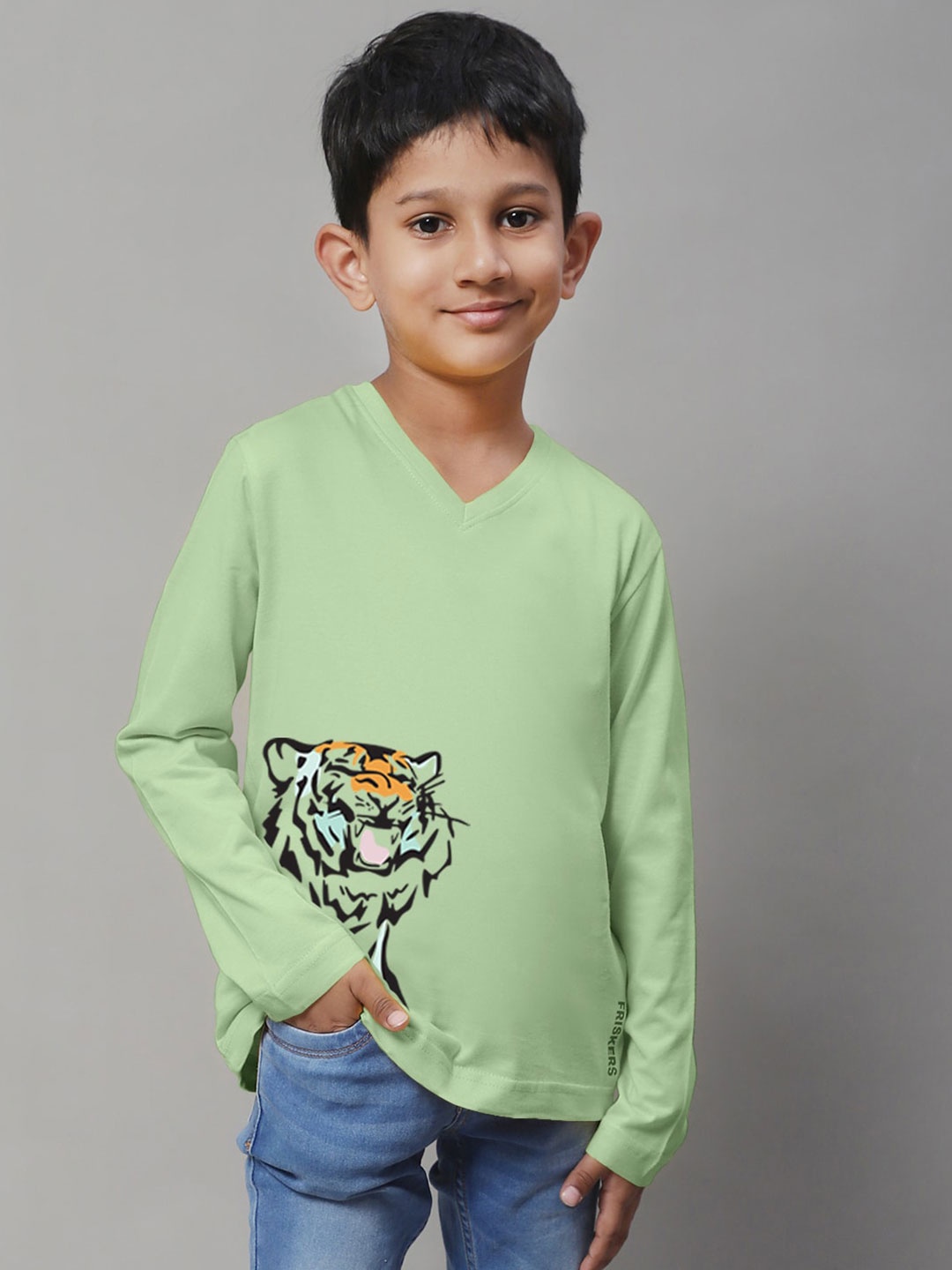 

Friskers Boys Graphic Printed V-Neck Long Sleeve Cotton Slim Fit T-shirt, Sea green