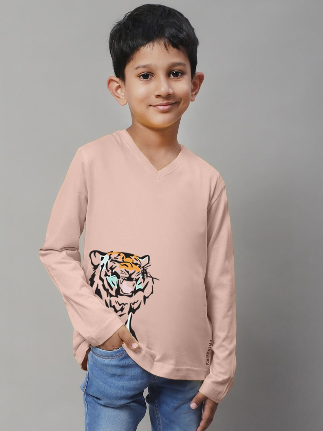 

Friskers Boys Graphic Printed V-Neck Long Sleeve Cotton Slim Fit T-shirt, Coral