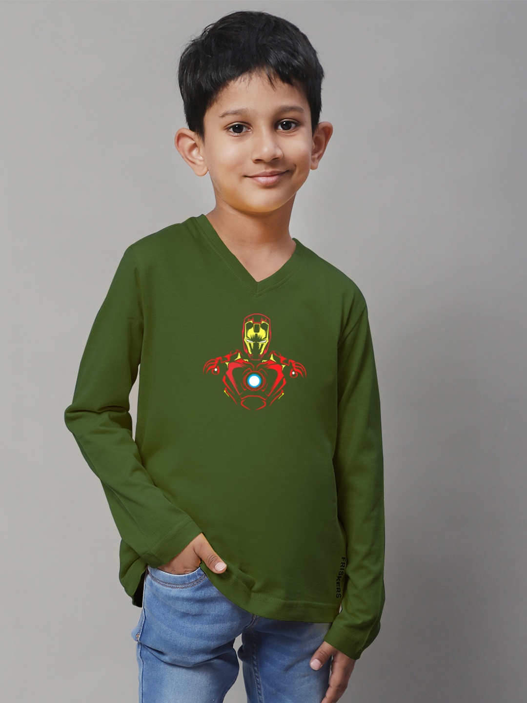 

Friskers Boys Typography Printed V-Neck Slim Fit T-shirt, Olive