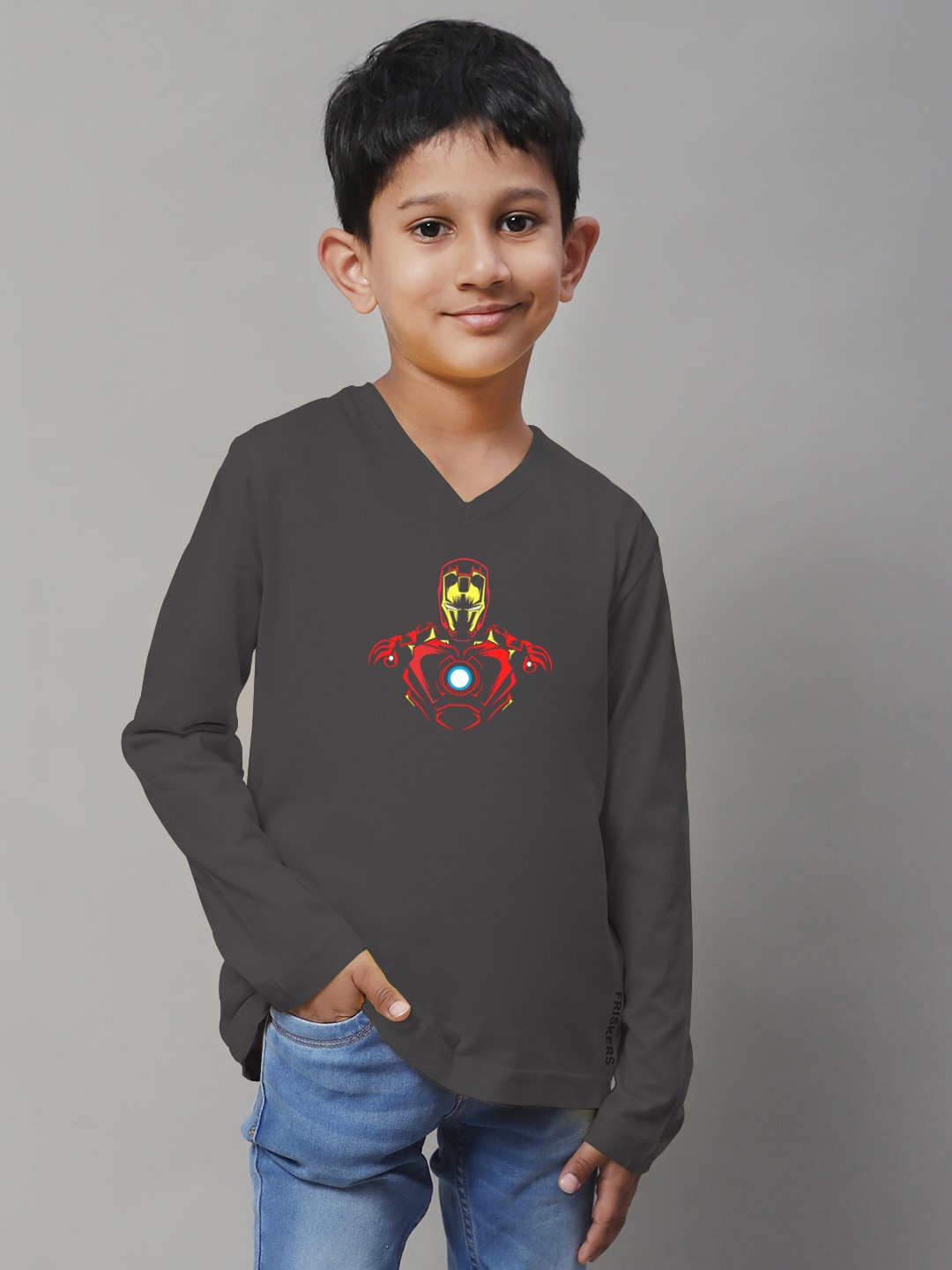 Friskers Boys Typography Printed V-Neck Slim Fit T-shirt, Grey
