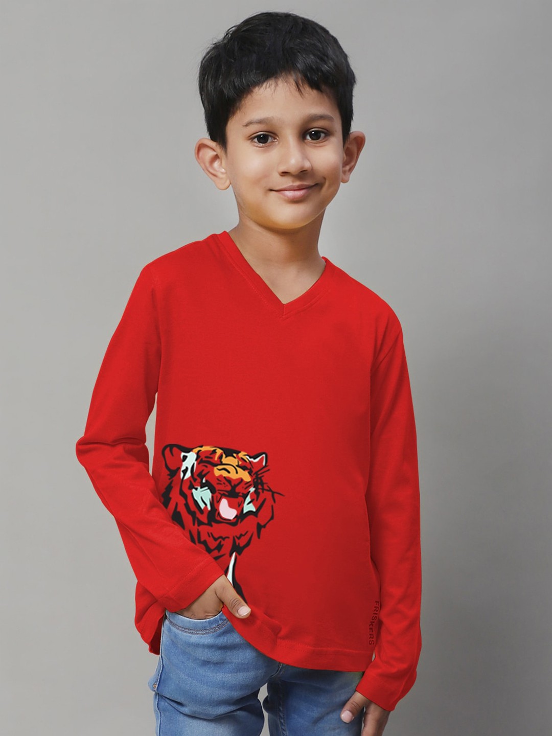 

Friskers Boys Printed V-Neck Slim Fit T-shirt, Red