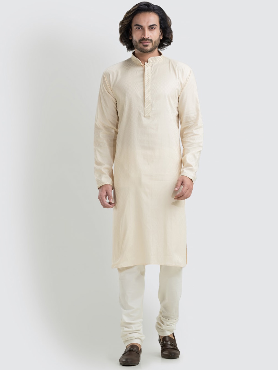 SREEMANT Mandarin Collar Thread Work Pure Cotton Straight Kurta, Beige
