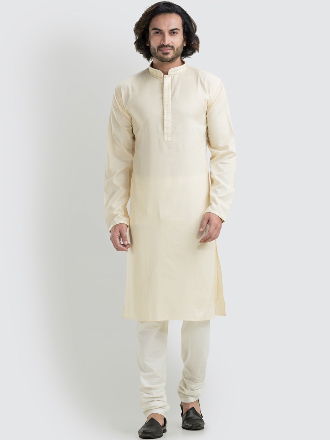 

SREEMANT Woven Design Mandarin Collar Cotton Straight Kurta, Cream