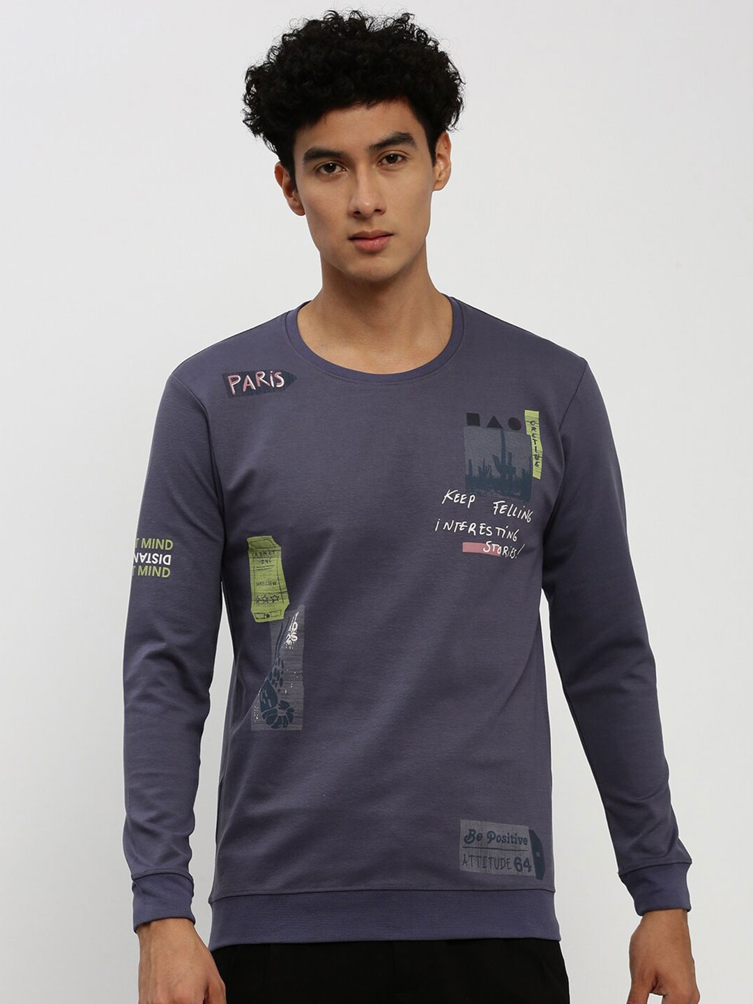 

SHOWOFF Printed Round Neck Cotton Sweatshirt, Navy blue
