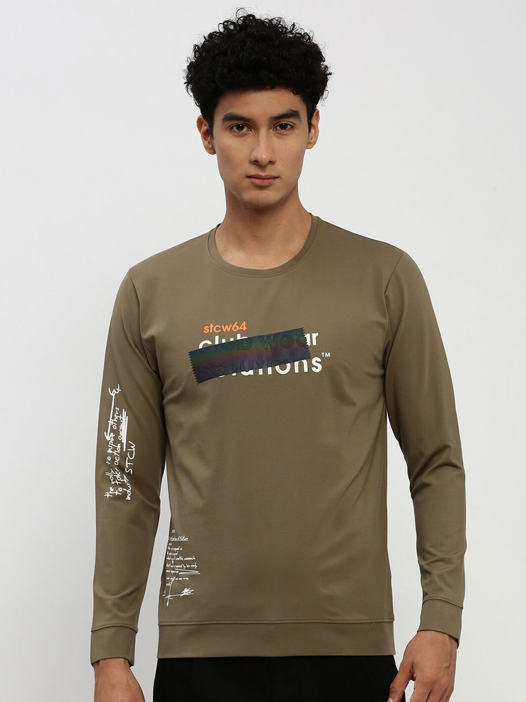 

SHOWOFF Printed Round Neck Cotton Sweatshirt, Olive