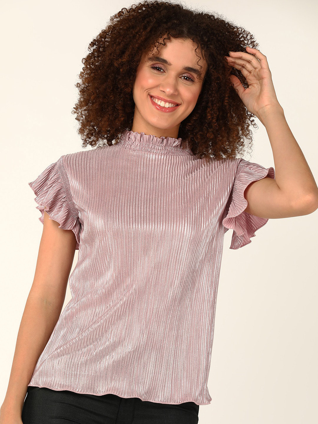 

DressBerry Pink Self Design High Neck Flutter Sleeve Top