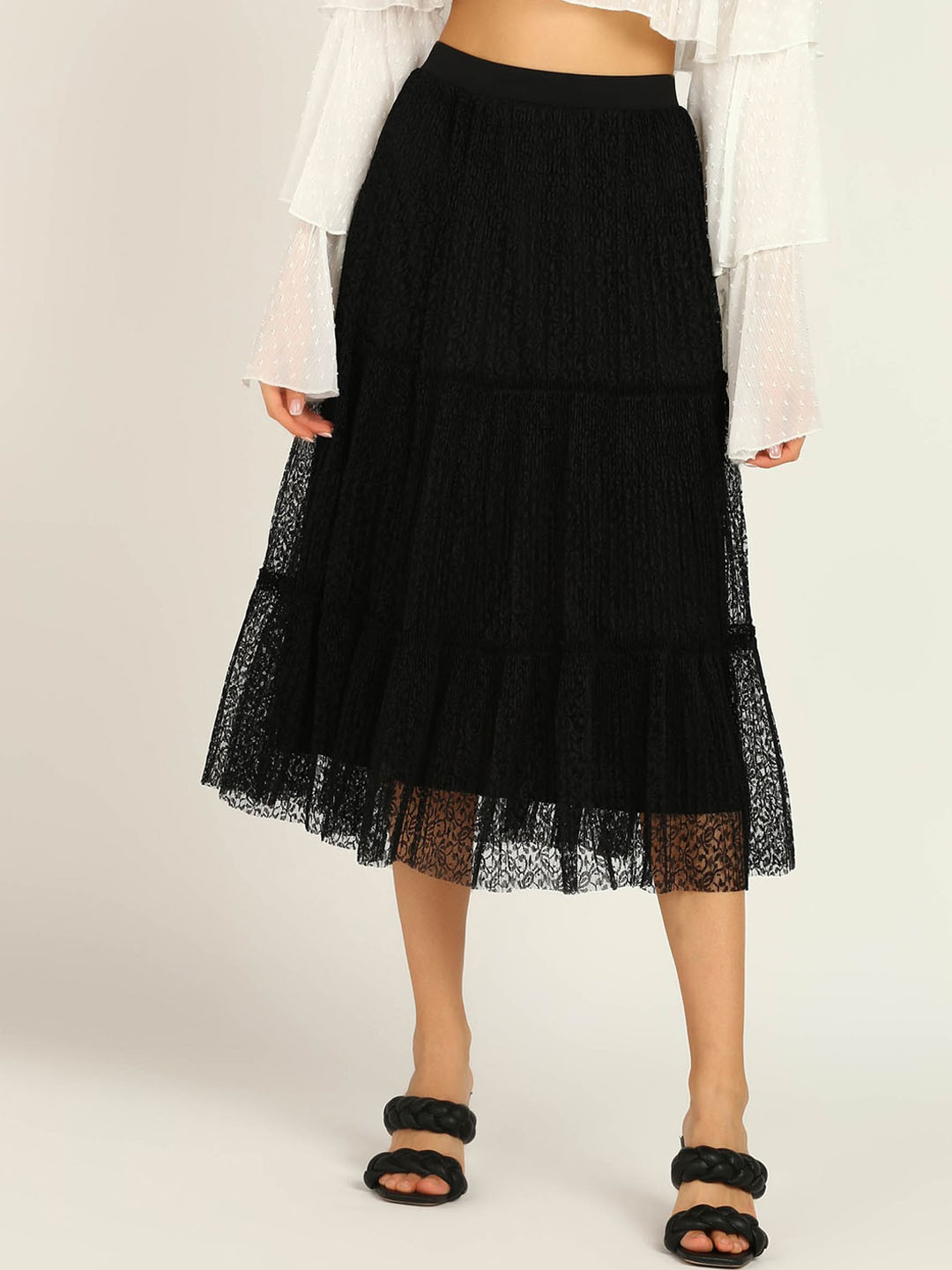 

DressBerry Lace Tiered Midi Skirt, Black