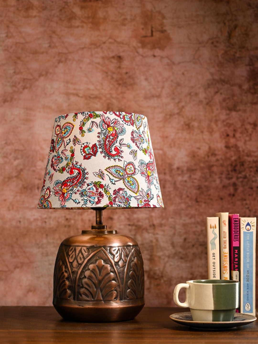 

green girgit Copper & Red Floral Printed Frustum Shape Copper Base Table Lamp