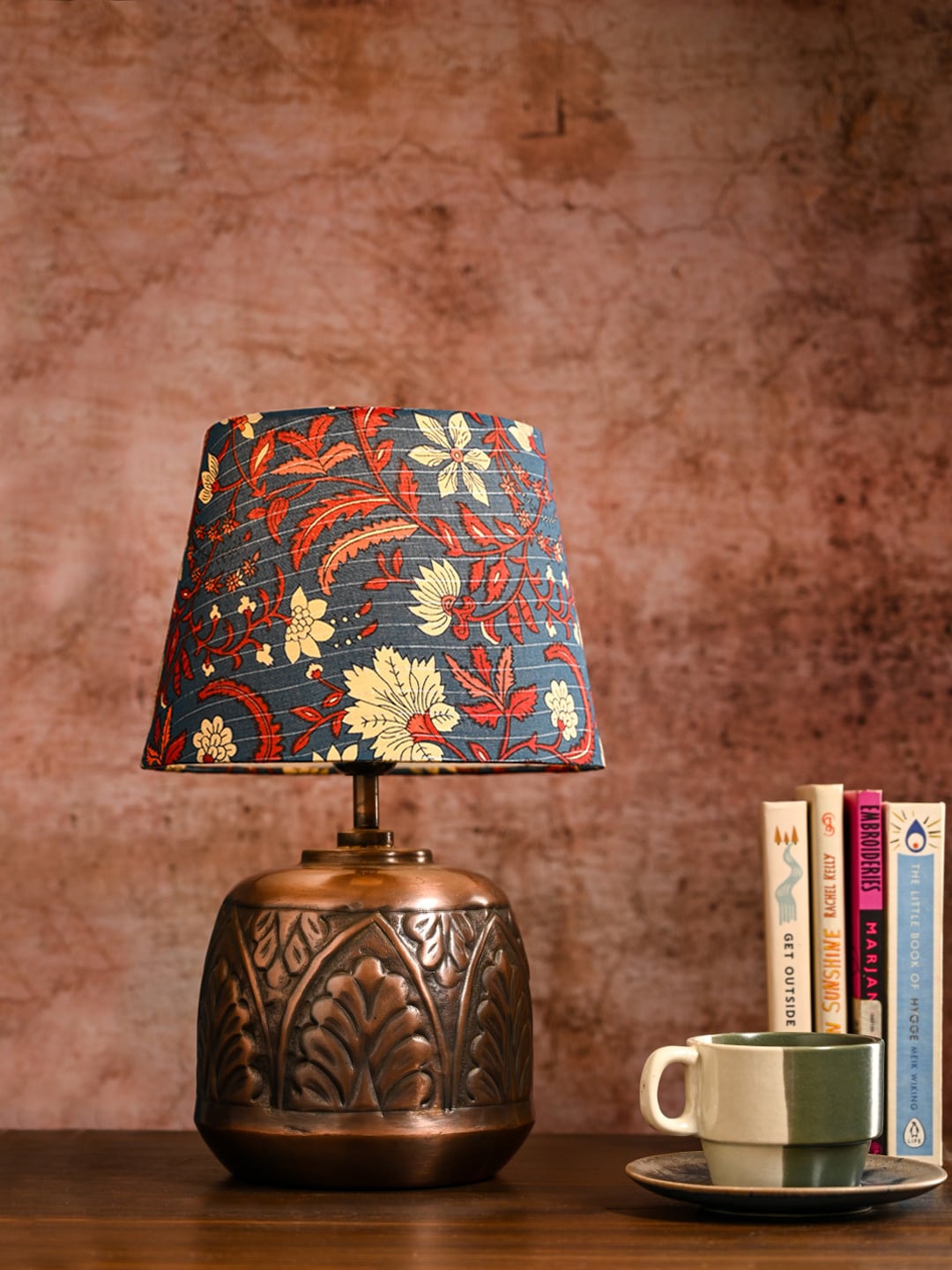 

green girgit Blue Floral Printed Frustum Shape Copper Base Table Lamp